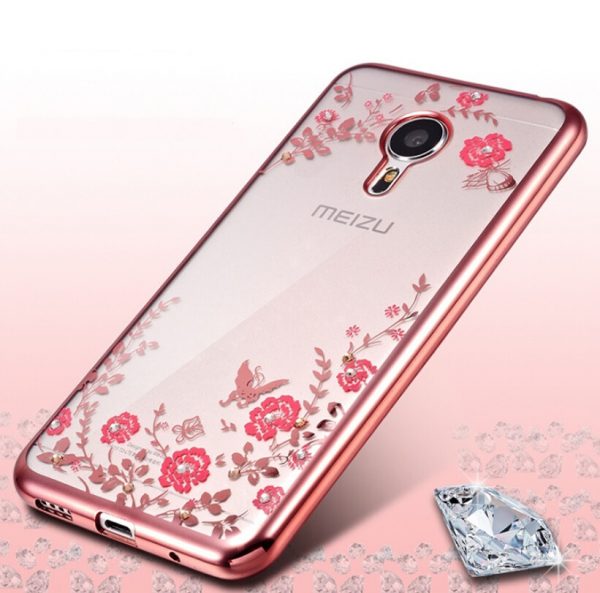 Прозрачный силиконовый чехол с глянцевым розовым ободком, цветами и стразами для Meizu M5