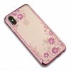 Прозрачный чехол с цветами и стразами для  Iphone X / XS с глянцевым бампером (Розовый золотой/Розовые цветы)