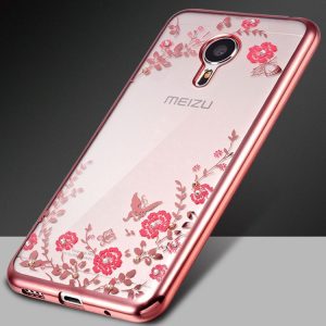 Прозрачный чехол с цветами и стразами для Meizu M3 Max rose-gold