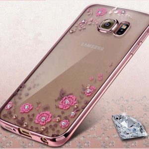 Прозрачный силиконовый (TPU) чехол (накладка) с розовым глянцевым ободком и цветами и старазами для Samsung G935 Galaxy S7 Edge (Pink)
