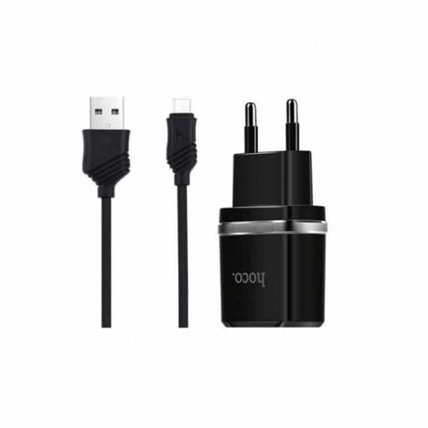 Сетевое зарядное устройство Hoco C12 + кабель MicroUSB 2USB 2.4A – Black