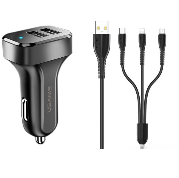 Автомобильное зарядное устройство Usams 3 in 1 (2USB/ 2.4A) – Black