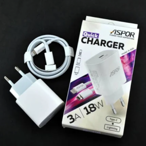 Сетевое зарядное устройство Aspor A846 18W PD + QC 3.0 Fast Charger + кабель Type-C to Lightning – White