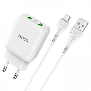 Сетевое зарядное устройство HOCO N6 QC3.0 + кабель MicroUSB 2USB / 3A – White