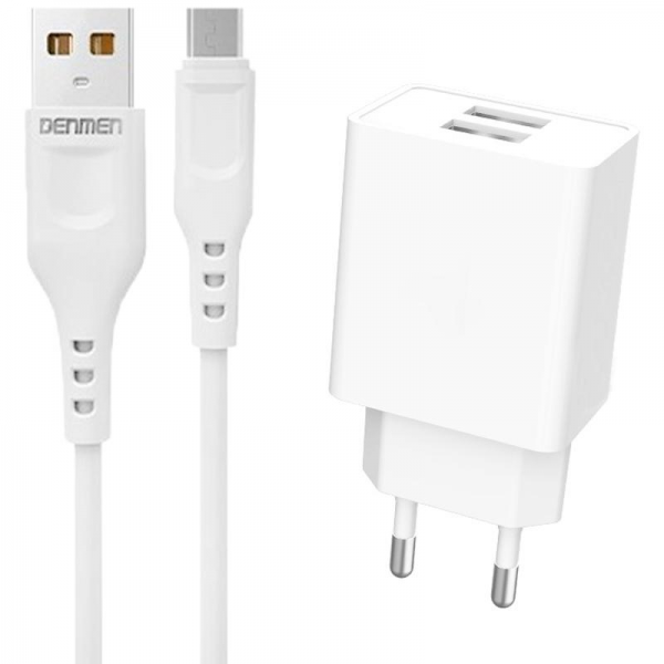 Сетевое зарядное устройство Denmen DC02T (2USB / 2.1A) + кабель Type-C – White