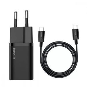 Сетевое зарядное устройство Baseus Super Silicone PD Charger 25W (1Type-C) + кабель Type-C to Type-C 3A (1m) – Black
