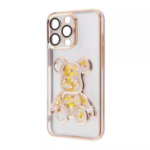 Чехол Shining Bear Case с переливающимися блестками и стеклом на камеру для Iphone 14 Pro Max – Gold