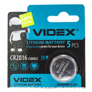 Батарейка литиевая VIDEX (+45 LifeTime) CR2016 3V – 1 шт