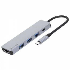 Адаптер USB-Хаб Proove Iron Link 5в1 3*USB3.0+Type-C+HDMI Silver