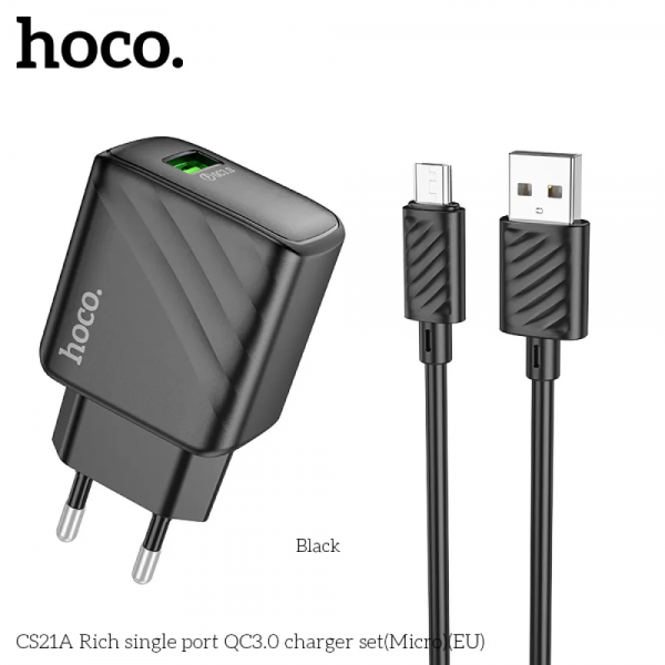 Зарядний пристрій Hoco CS21A QC3.0 1USB+кабель USB to MicroUSB 1m Black