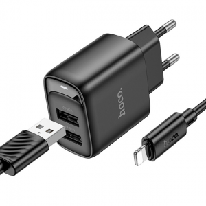 Зарядний пристрій Hoco C141A 2USB 2.1А+кабель USB to Lightning 1m Black