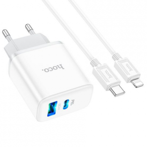 Зарядний пристрій HOCO C105A USB+Type-C PD20W+QC3.0+кабель Type-C to Lightning White