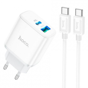 Зарядний пристрій HOCO C105A USB+Type-C PD20W+QC3.0+кабель Type-C to Type-C White