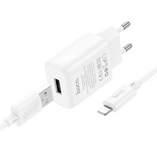 Зарядний пристрій Hoco C134A 1USB+кабель USB to Lightning 1m 12W White
