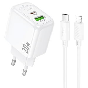 Мережевий зарядний пристрій HOCO CS54A Type-C+USB PD20W+QC3.0+кабель Type-C to Lightning White
